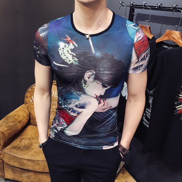 Tricou casual barbatesc cu aplicatie in albastru si alb