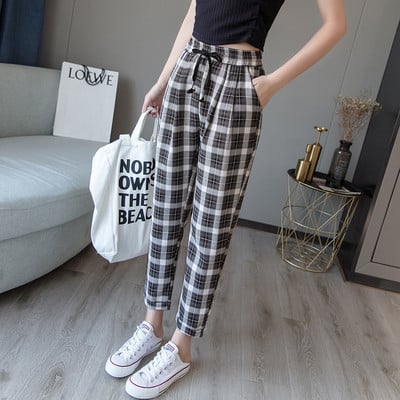 Pantaloni casual dama in carouri cu talie inalta