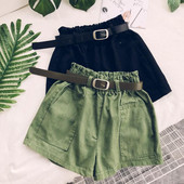 Pantaloni scurți casual dama cu talie elastica si curea in trei culori