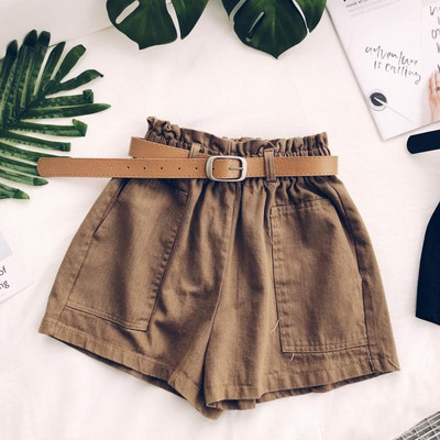 Pantaloni scurți casual dama cu talie elastica si curea in trei culori