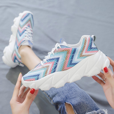 Tenisi casual dama cu sireturi in doua culori cu model de culoare