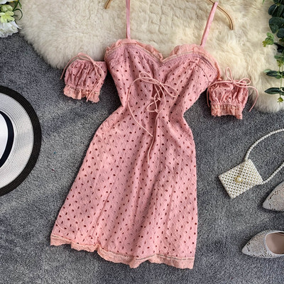 Rochie de dama cu cravate in alb si roz