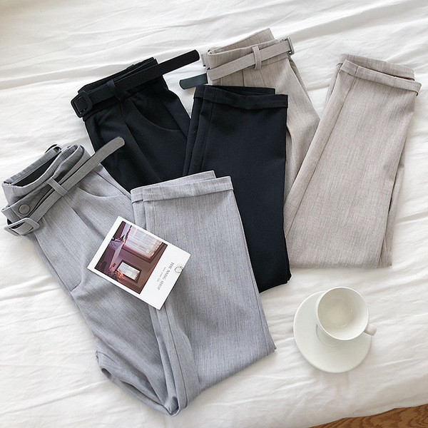 Pantaloni eleganti de dama cu talie inalta si curea in trei culori