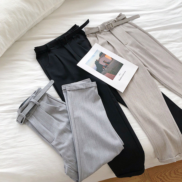 Pantaloni eleganti de dama cu talie inalta si curea in trei culori