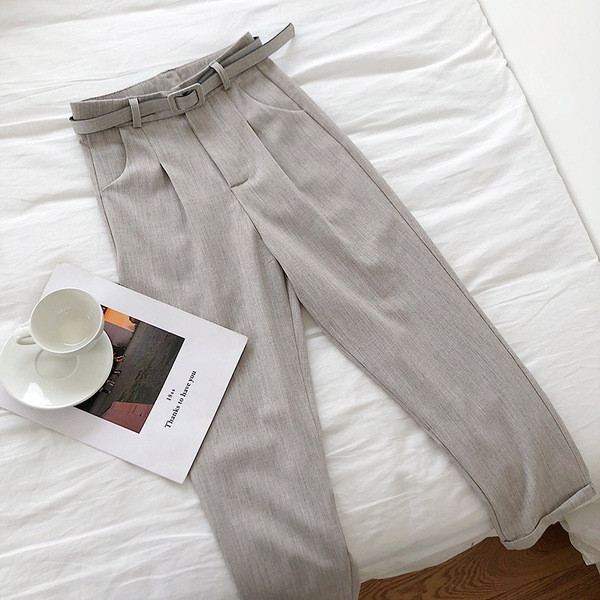 Pantaloni eleganti de dama cu talie inalta si curea in trei culori