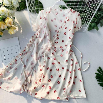 Rochie de dama cu maneca scurta si motiv floral in doua culori