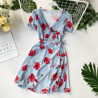 Rochie de dama cu maneca scurta si motiv floral in doua culori