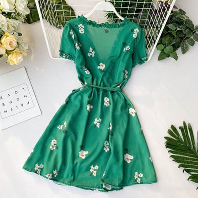 Rochie de dama cu maneca scurta si motiv floral in doua culori