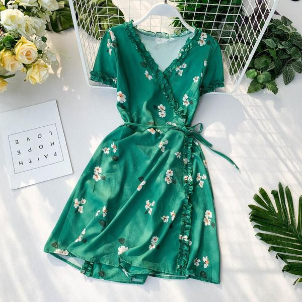 Rochie de dama cu maneca scurta si motiv floral in doua culori