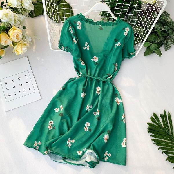 Rochie de dama cu maneca scurta si motiv floral in doua culori