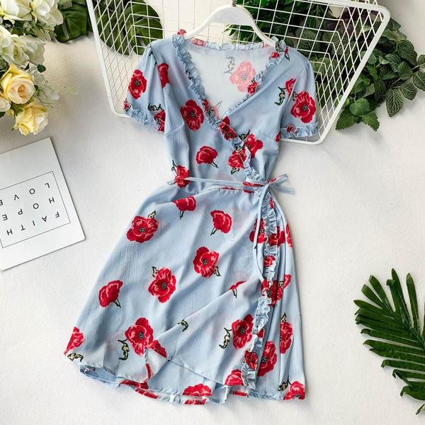 Rochie de dama cu maneca scurta si motiv floral in doua culori