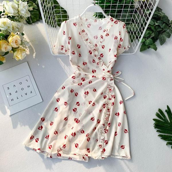 Rochie de dama cu maneca scurta si motiv floral in doua culori