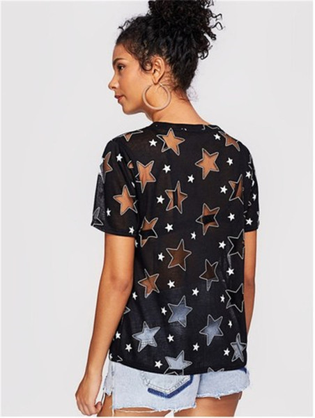 Tricou casual dama cu decolteu O in alb si negru