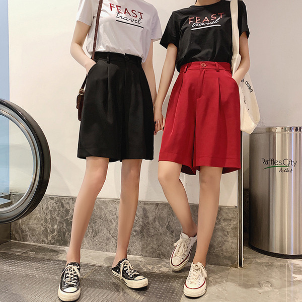 Pantaloni casual de dama in negru si rosu cu talie inalta