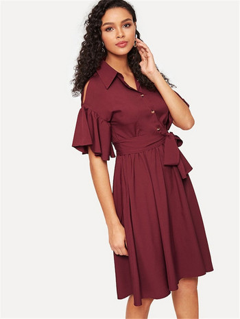 Rochie elegantă de damă, cu guler și cravate clasice, în visiniu