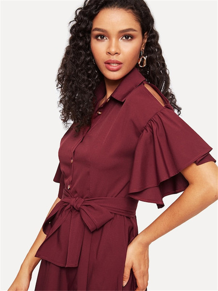 Rochie elegantă de damă, cu guler și cravate clasice, în visiniu