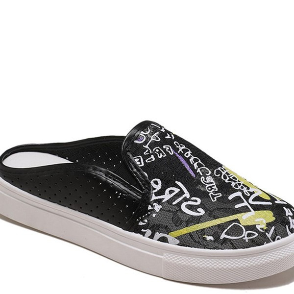 Pantofi casual dama in alb si negru cu model colorat