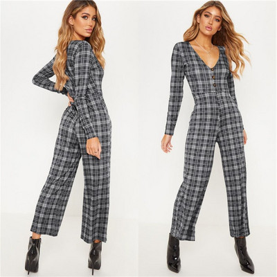 Salopetă casual de damă cu mâneci lungi și decolteu în V în mai multe culori