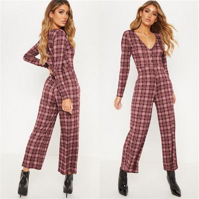 Salopetă casual de damă cu mâneci lungi și decolteu în V în mai multe culori