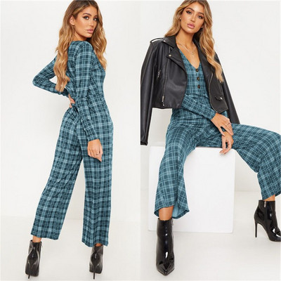 Salopetă casual de damă cu mâneci lungi și decolteu în V în mai multe culori