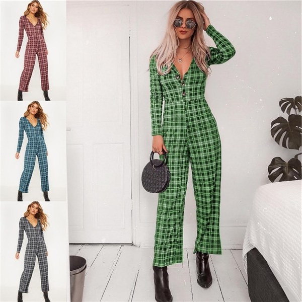 Salopetă casual de damă cu mâneci lungi și decolteu în V în mai multe culori