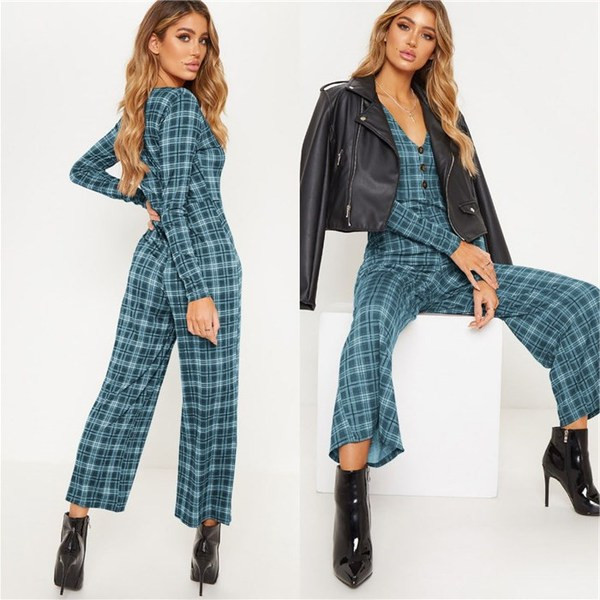 Salopetă casual de damă cu mâneci lungi și decolteu în V în mai multe culori