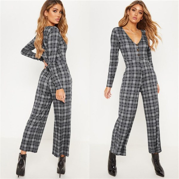 Salopetă casual de damă cu mâneci lungi și decolteu în V în mai multe culori