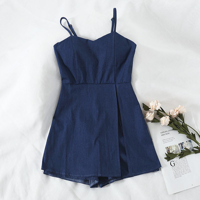 Salopeta scurta de dama moderna de culoare albastra cu bretele subtiri