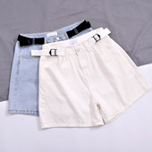 Pantaloni scurți moderni de damă cu talie înaltă și curea în alb și albastru