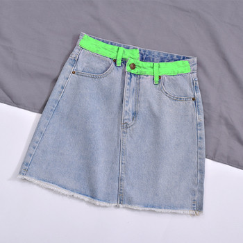 Fusta de dama moderna din denim cu talie inalta si model colorat