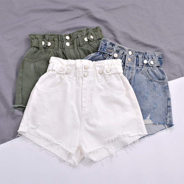 Blugi scurti de dama cu talie inalta in alb, verde si albastru