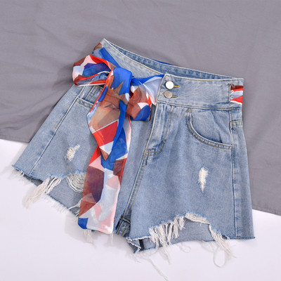 Blugi scurti de dama cu panglica in albastru si negru