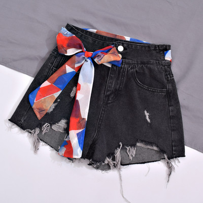 Blugi scurti de dama cu panglica in albastru si negru