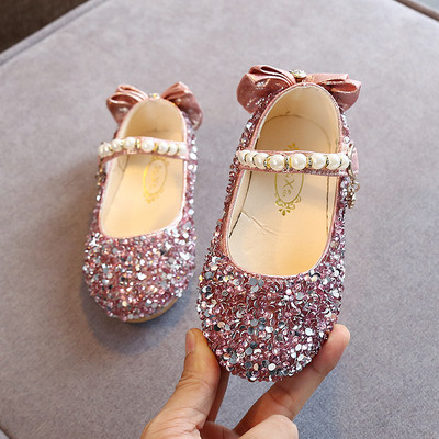 Pantofi copii eleganti pentru fete cu perle si panglica in mai multe culori