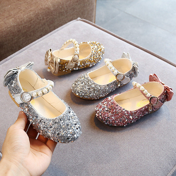 Pantofi copii eleganti pentru fete cu perle si panglica in mai multe culori