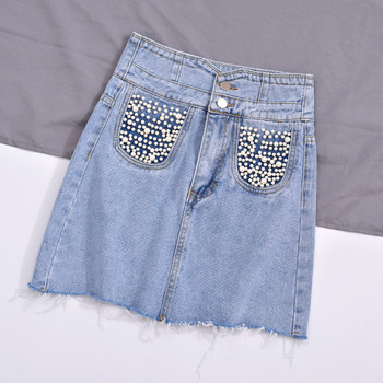 Fusta de dama din denim cu pietre si talie inalta