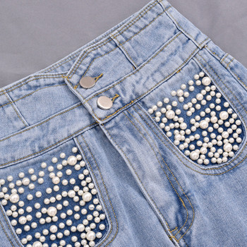 Fusta de dama din denim cu pietre si talie inalta