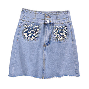 Fusta de dama din denim cu pietre si talie inalta
