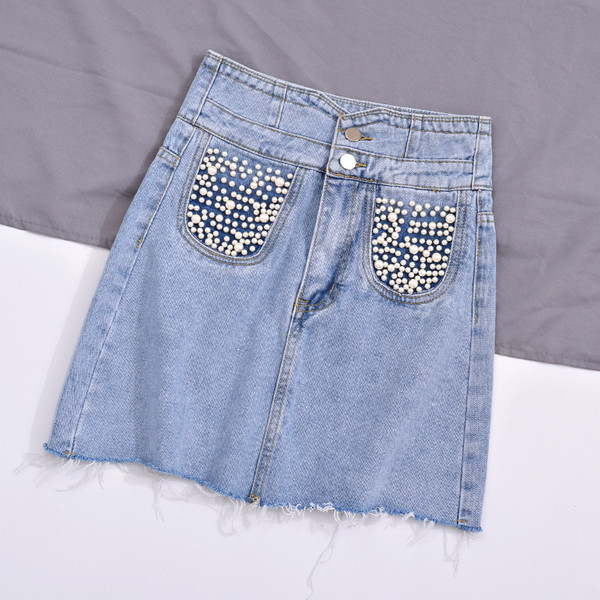Fusta de dama din denim cu pietre si talie inalta