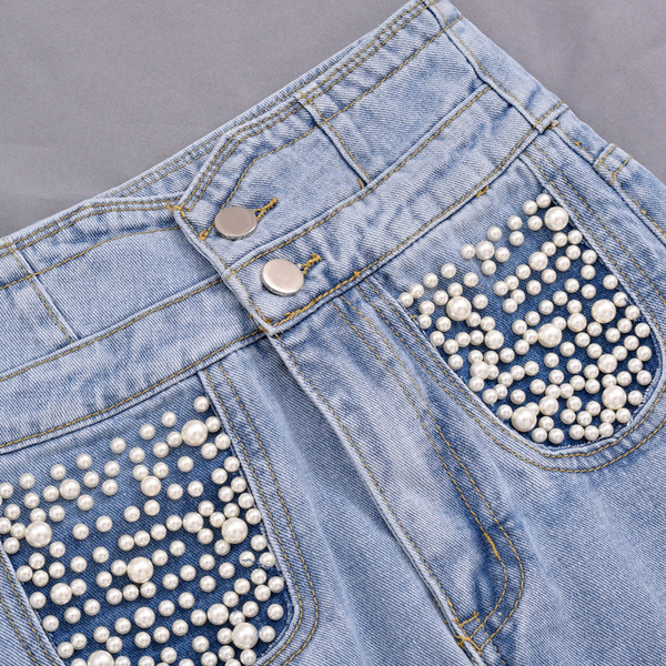 Fusta de dama din denim cu pietre si talie inalta
