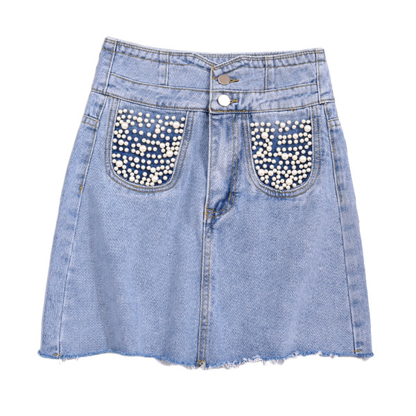 Fusta de dama din denim cu pietre si talie inalta