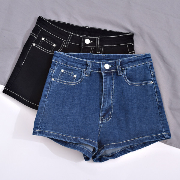 Blugi scurti casual de dama cu talie inalta in albastru si negru