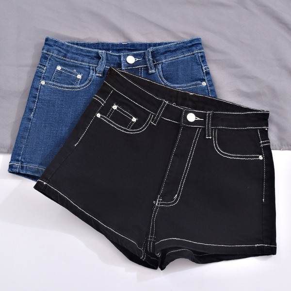 Blugi scurti casual de dama cu talie inalta in albastru si negru