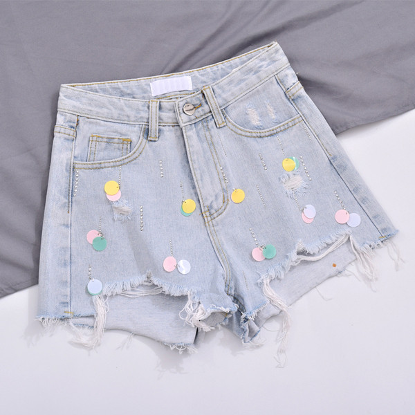 Blugi scurti moderni de dama cu paiete colorate si talie inalta