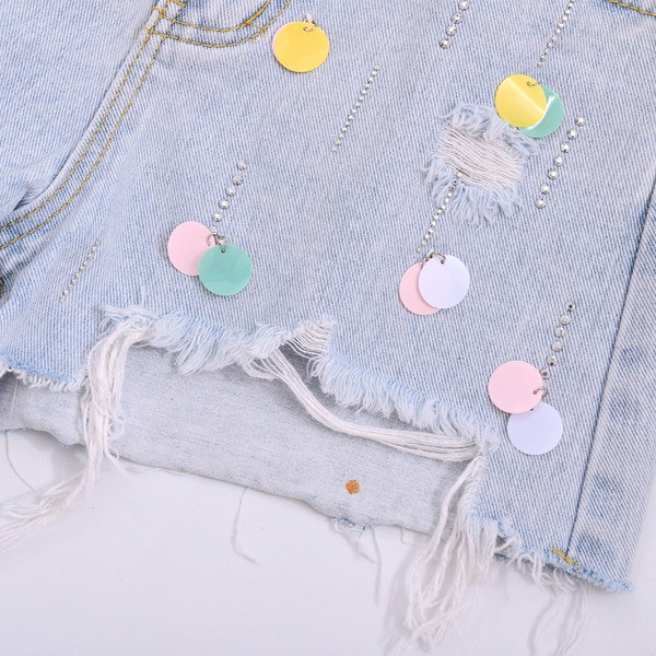 Blugi scurti moderni de dama cu paiete colorate si talie inalta