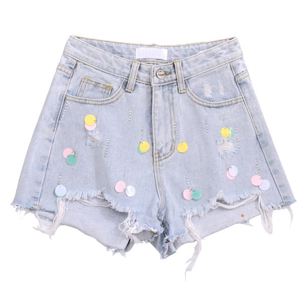 Blugi scurti moderni de dama cu paiete colorate si talie inalta