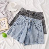 Blugi scurti de dama in gri si albastru cu buzunare