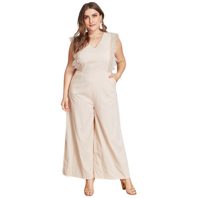 Salopetă elegantă de damă, cu decolteu în V, în bej