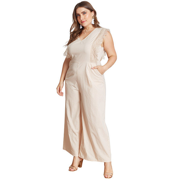 Salopetă elegantă de damă, cu decolteu în V, în bej