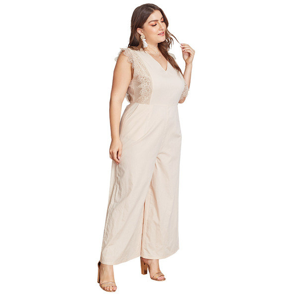 Salopetă elegantă de damă, cu decolteu în V, în bej